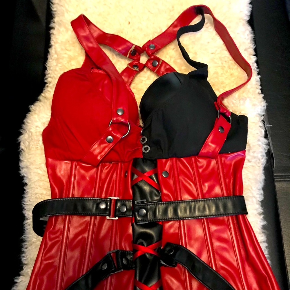 Harley Quinn red and black corset.